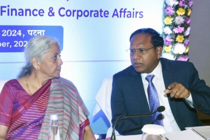 M Nagaraju, secretary at the department of financial services, with finance minister Nirmala Sitharaman. Photo: Hindustan Times