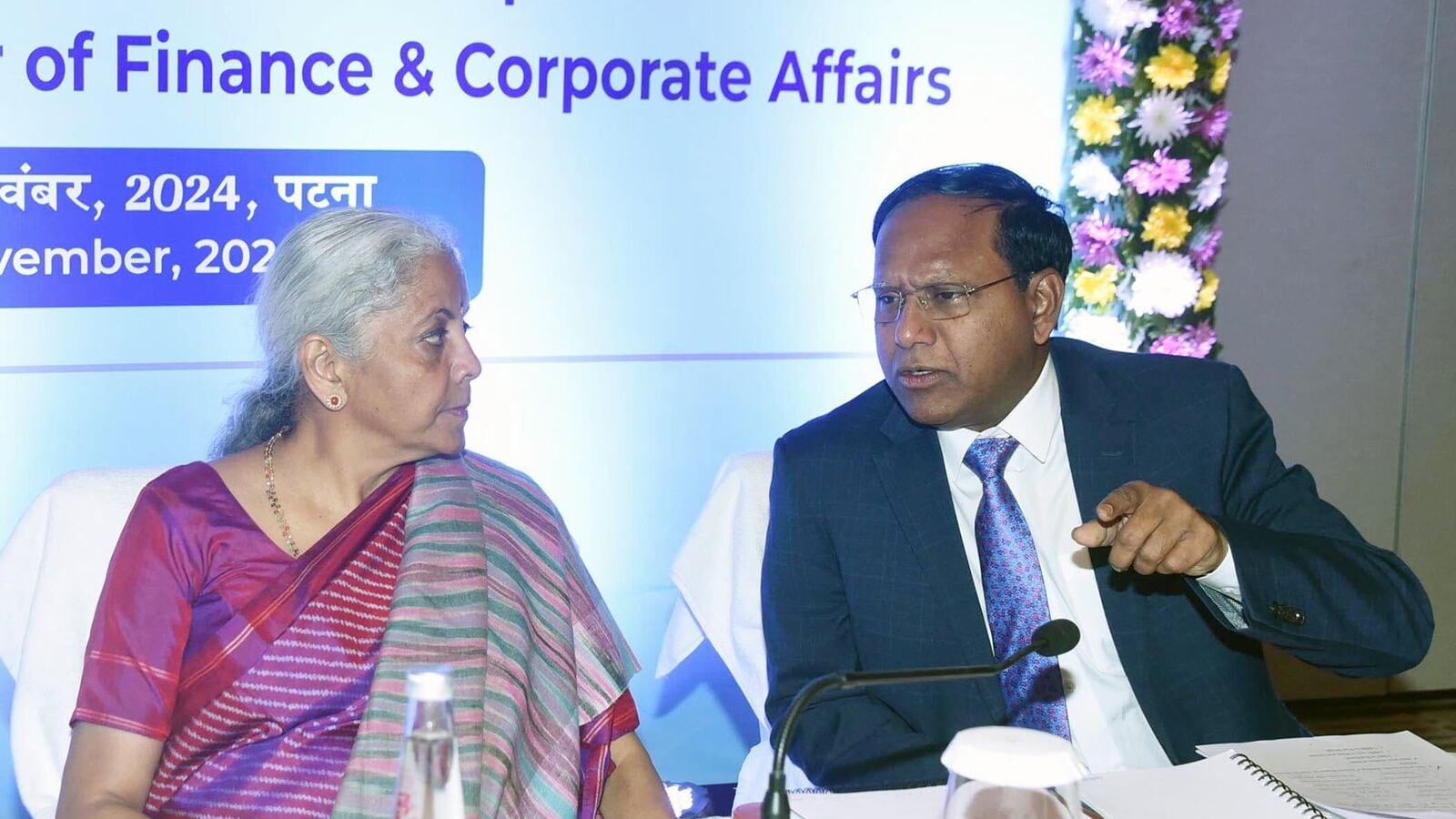 M Nagaraju, secretary at the department of financial services, with finance minister Nirmala Sitharaman. Photo: Hindustan Times