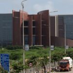 A vehicle is parked inside the premises of the Surat Diamond Bourse (SDB), a diamond trade centre located in Diamond Research and Mercantile City, also known as DREAM City, in Surat, India.