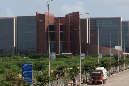 A vehicle is parked inside the premises of the Surat Diamond Bourse (SDB), a diamond trade centre located in Diamond Research and Mercantile City, also known as DREAM City, in Surat, India.