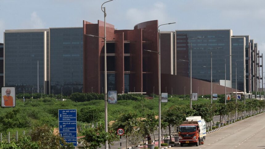 A vehicle is parked inside the premises of the Surat Diamond Bourse (SDB), a diamond trade centre located in Diamond Research and Mercantile City, also known as DREAM City, in Surat, India.